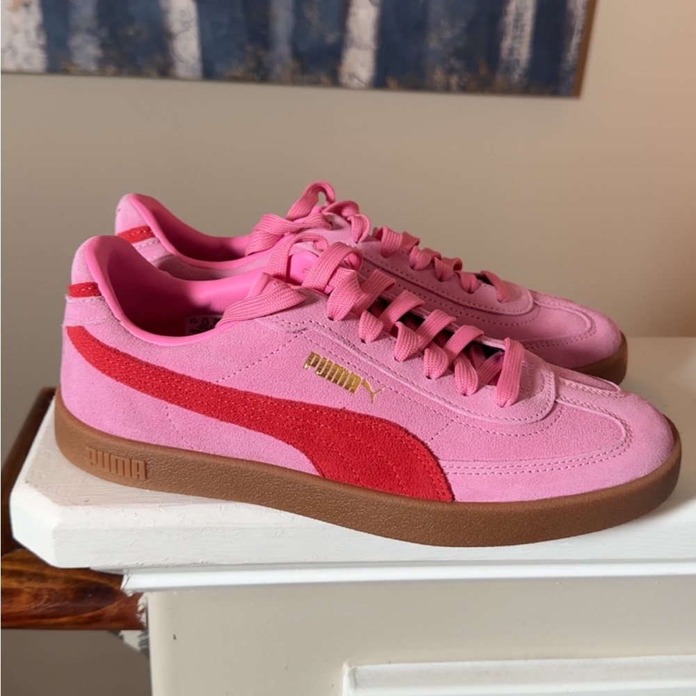 Puma Pink Suede Sneakers with Red Stripe and Gum Sole